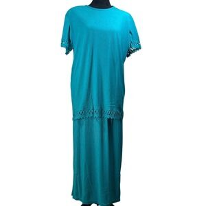 Superline USA Vintage Teal 2 Piece set Skirt Set Eyelet Trim Plisse 90s modest